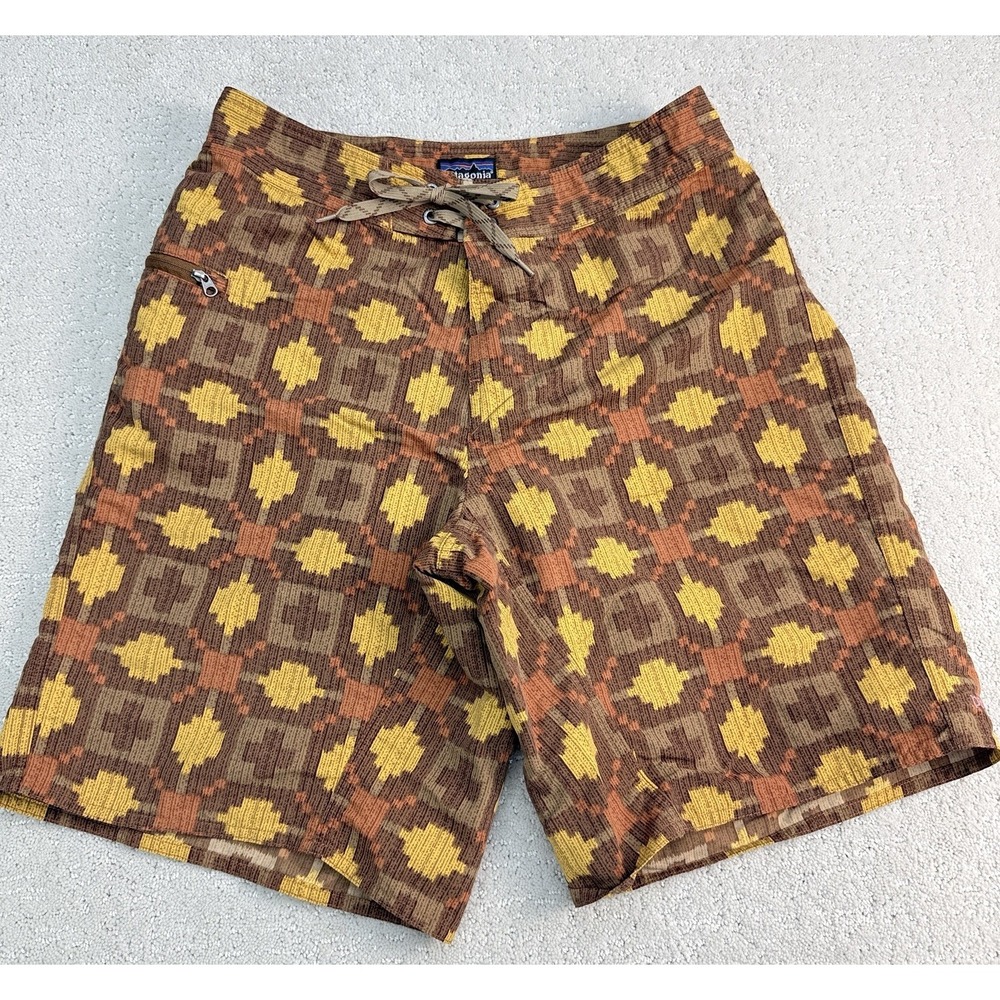 Patagonia‎ Wavefarer Board Shorts Brown Yellow Print Men's 31 86555